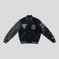 CLB XXIII Amiri X DJ Premier black wool and leather varsity jacket with white embroidery and stud detailing