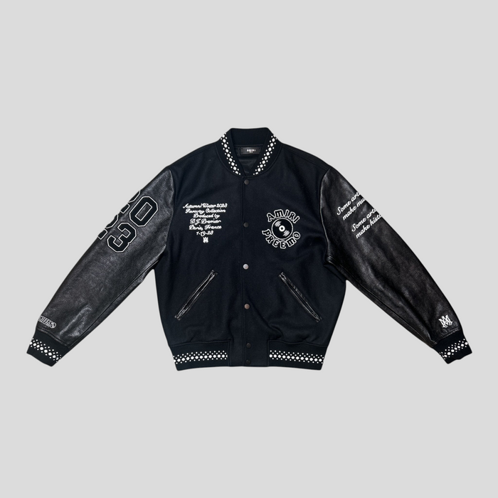 CLB XXIII Amiri X DJ Premier black wool and leather varsity jacket with white embroidery and stud detailing