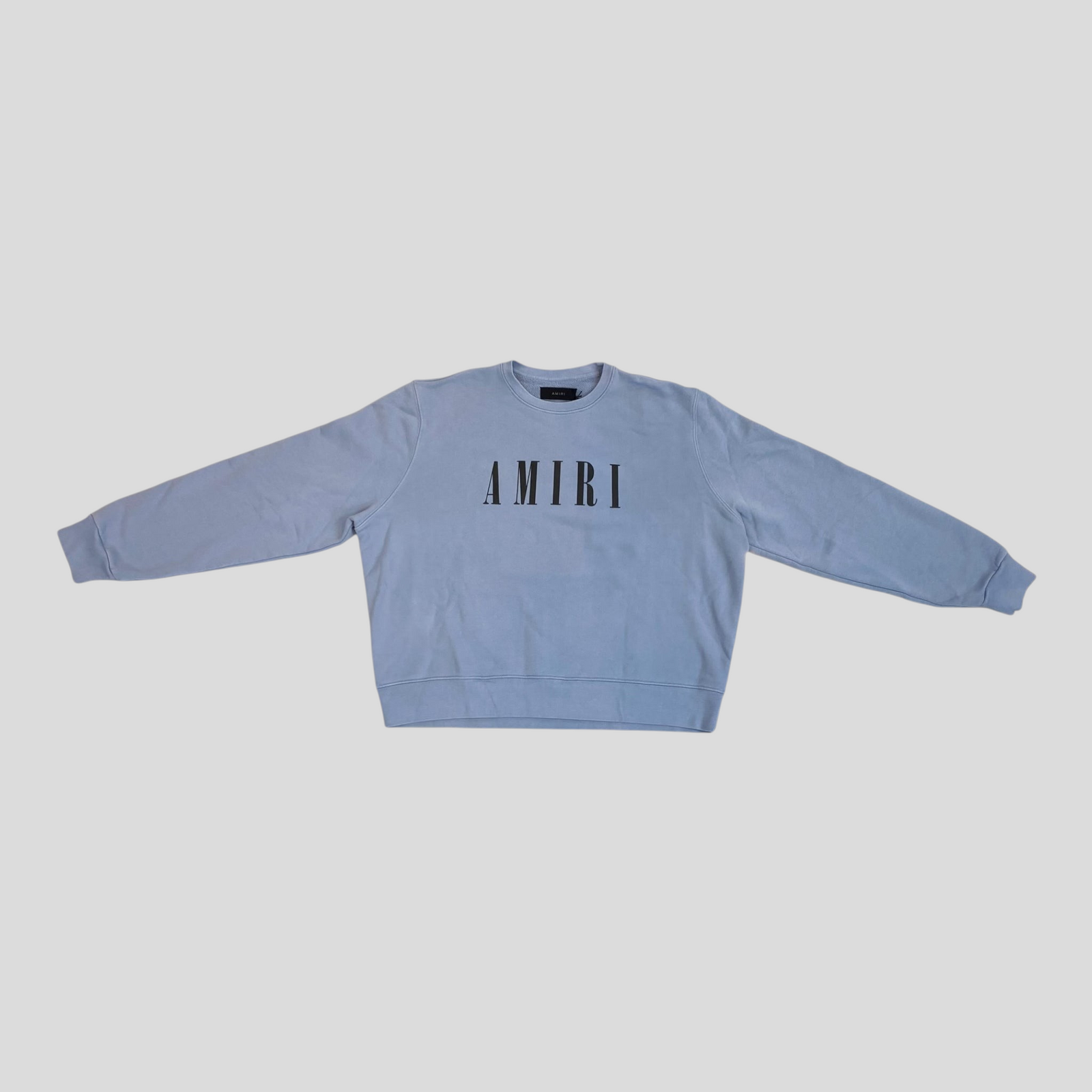 CLB XXIII Amiri dusty blue cotton crewneck sweatshirt with black logo lettering on the chest