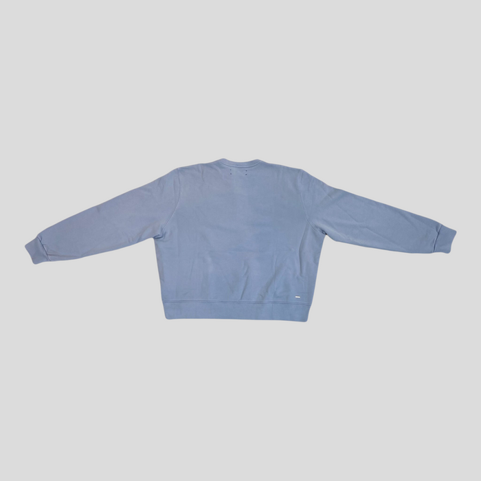 Back view of CLB XXIII Amiri Core Logo crewneck sweatshirt in dusty blue cotton with ribbed cuffs and hem