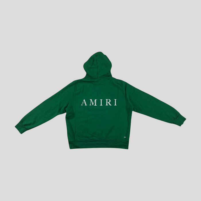 CLB XXIII Amiri green cotton hoodie featuring white embroidered MA logo on the back