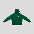 CLB XXIII green Amiri cotton hoodie featuring a white embroidered MA logo on the chest and a front kangaroo pocket.
