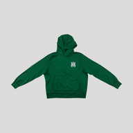 CLB XXIII green Amiri cotton hoodie featuring a white embroidered MA logo on the chest and a front kangaroo pocket.