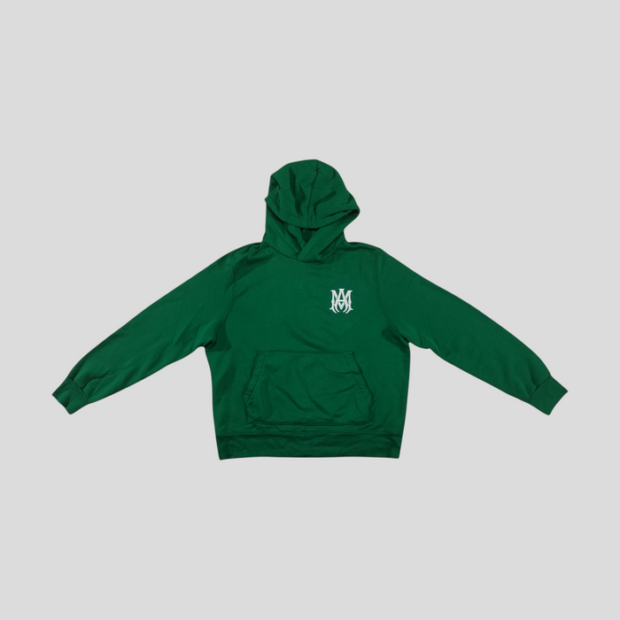 CLB XXIII green Amiri cotton hoodie featuring a white embroidered MA logo on the chest and a front kangaroo pocket.