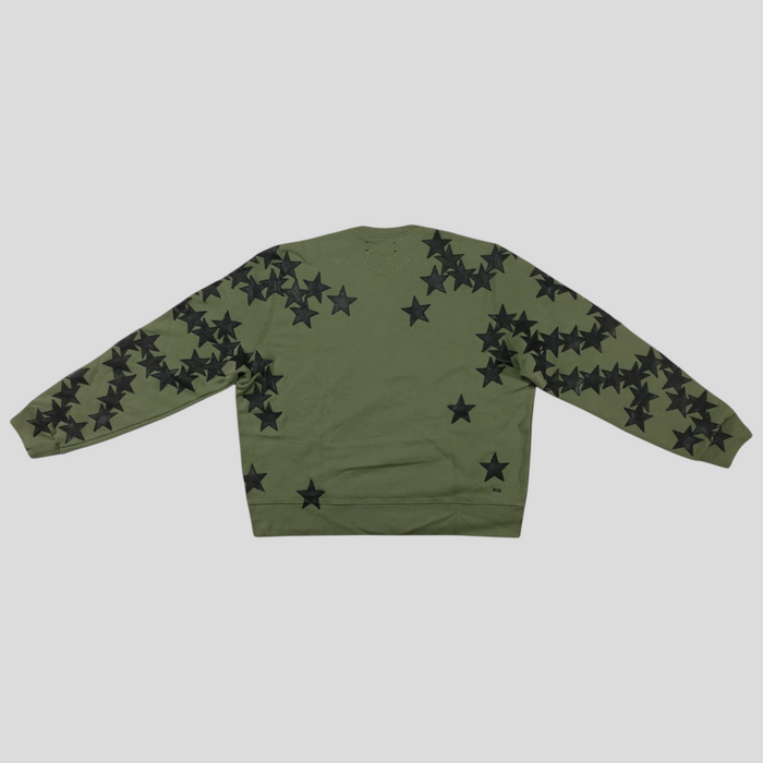 CLB XXIII Amiri Chemist crewneck sweatshirt in olive green cotton with black star appliqué details on the back
