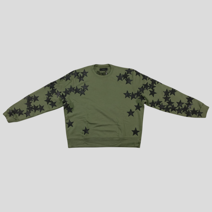 CLB XXIII Amiri green cotton crewneck sweatshirt featuring black star applique detailing on the front and sleeves.