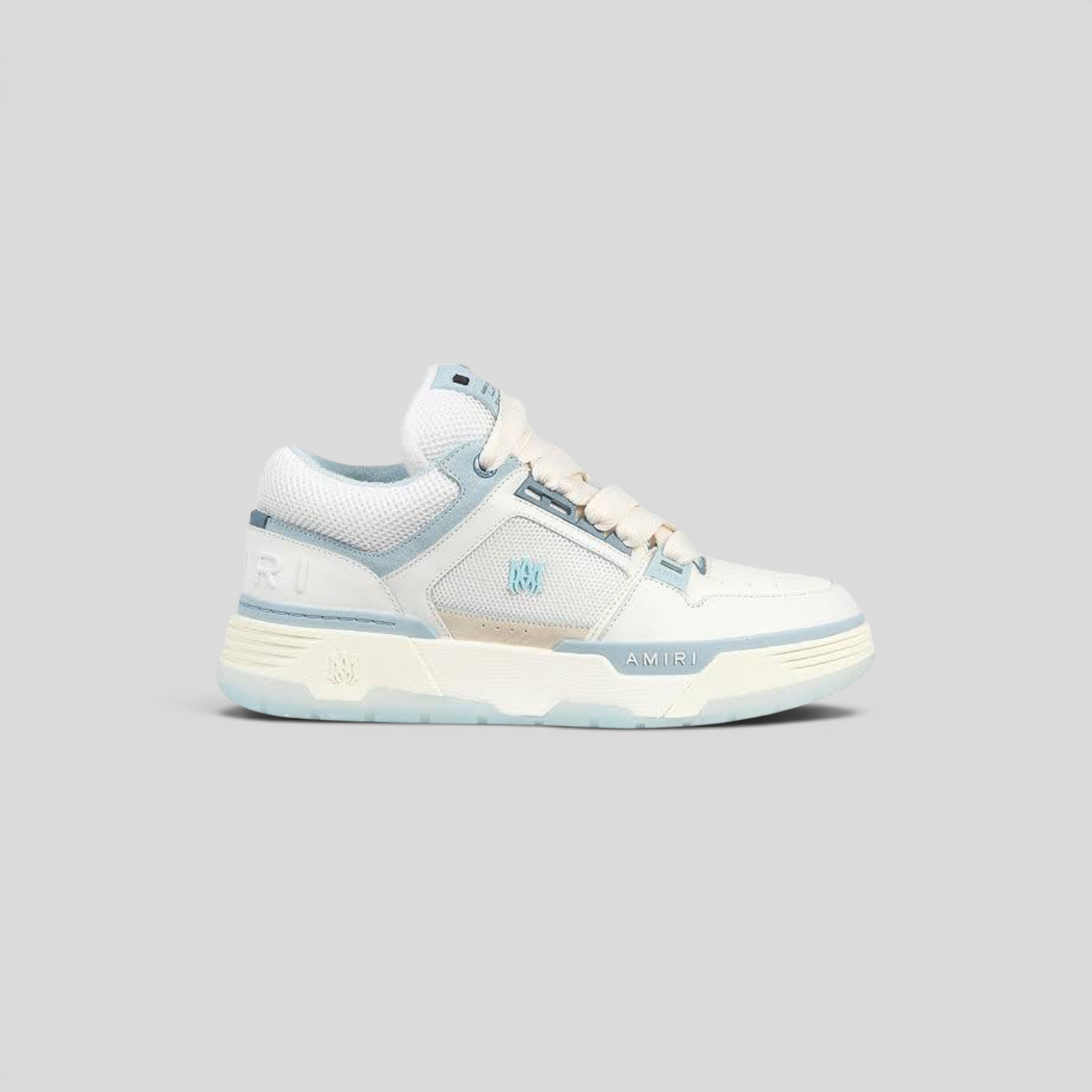 CLB XXIII AMIRI MA-1 sneaker in white and blue leather and mesh with a thick platform sole and translucent bottom