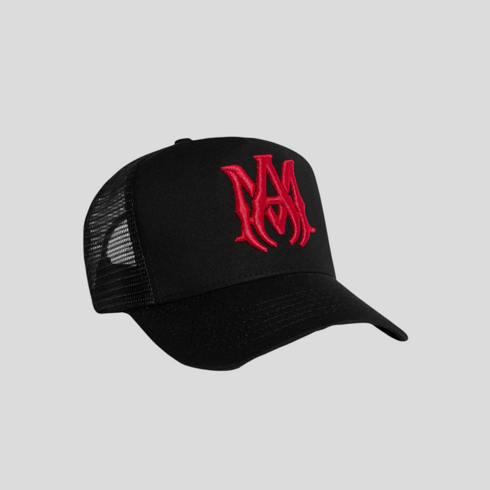CLB XXIII AMIRI MA trucker hat in black with a red embroidered logo and breathable mesh back panel