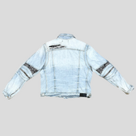 CLB XXIII Amiri MX2 clay indigo denim trucker jacket with distressed details, bandana patches, and zip accents.