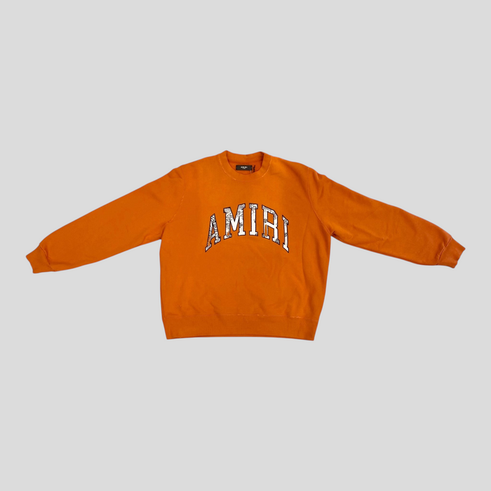 CLB XXIII Amiri orange cotton crewneck sweatshirt featuring a white bandana print applique logo on the chest.