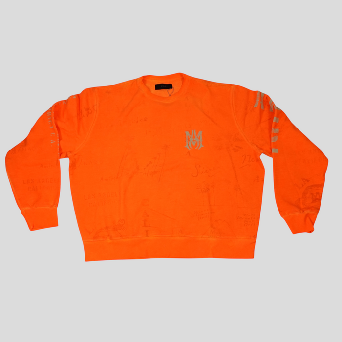 CLB XXIII Amiri orange cotton crewneck sweatshirt featuring stencil-style graphic prints and logo detailing.