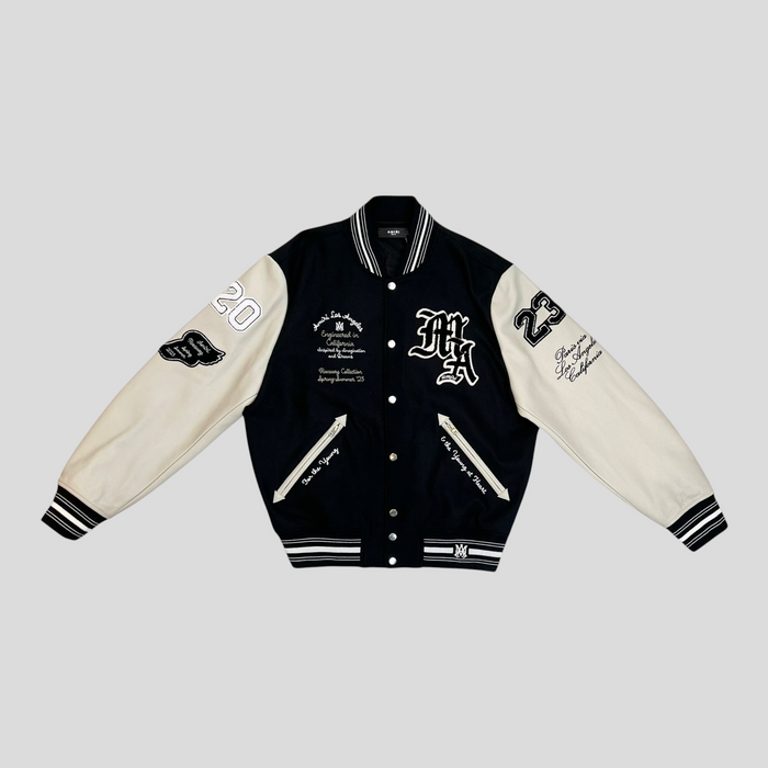 CLB XXIII AMIRI oversized black varsity jacket with cream leather sleeves and detailed white embroidery patches