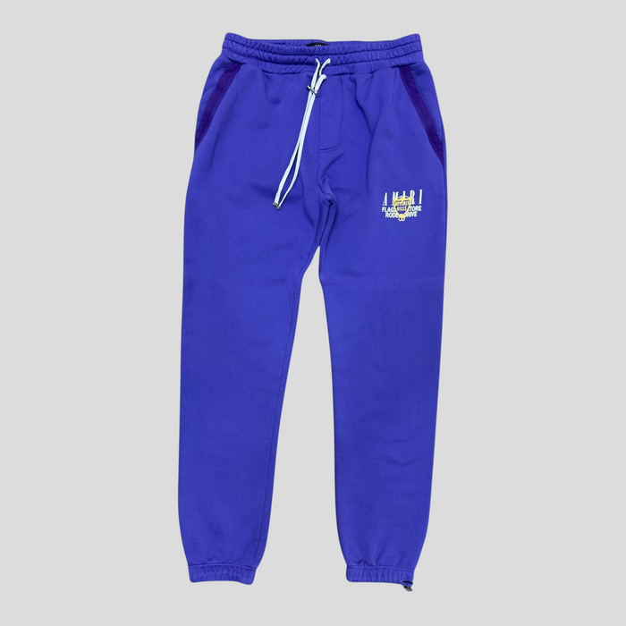 CLB XXIII purple Amiri Beverly Hills cotton sweatpants with white drawstring and graphic logo detail