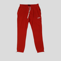 CLB XXIII red Amiri cotton sweatpants featuring a white logo, drawstring waist, and zippered pockets.