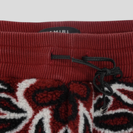 CLB XXIII Amiri red bandana print fleece pants with black drawstring and ribbed elastic waistband