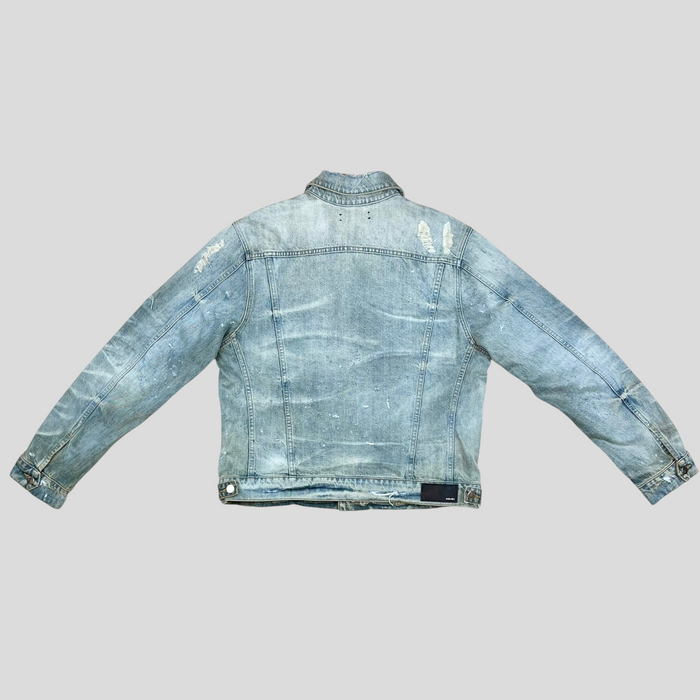 CLB XXIII AMIRI Shotgun denim trucker jacket in distressed indigo cotton with back view