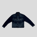 CLB XXIII AMIRI Shotgun denim trucker jacket in aged black cotton with distressed detailing and silver button closure.