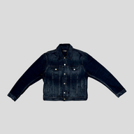 CLB XXIII AMIRI Shotgun denim trucker jacket in aged black cotton with distressed detailing and silver button closure.