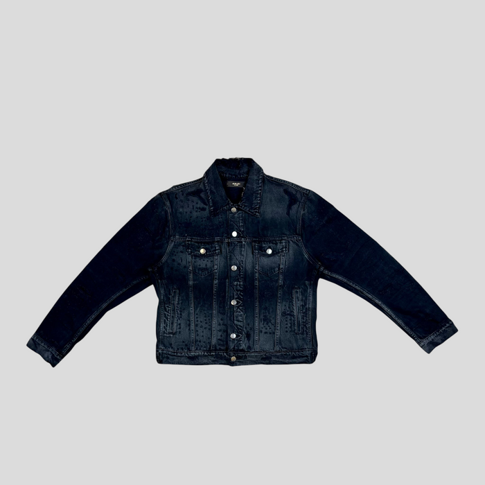 CLB XXIII AMIRI Shotgun denim trucker jacket in aged black cotton with distressed detailing and silver button closure.