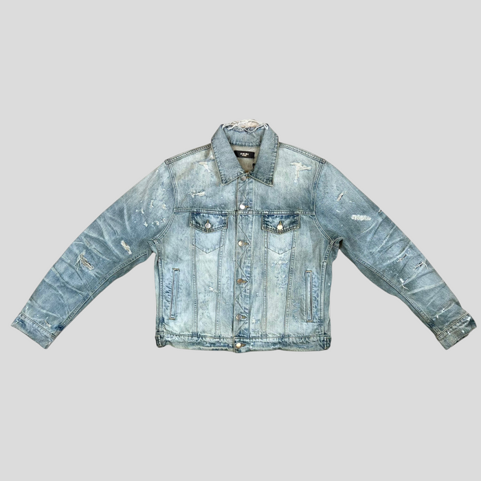 CLB XXIII AMIRI Shotgun denim trucker jacket in distressed indigo cotton with button-up front and chest pockets