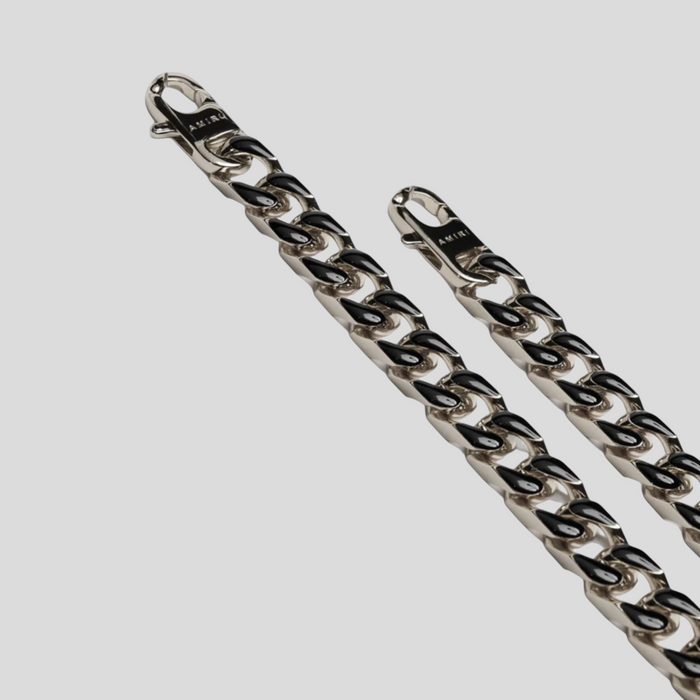 CLB XXIII Amiri silver wallet chain with black enamel fill detail and secure claw clasp, 25 inches long.