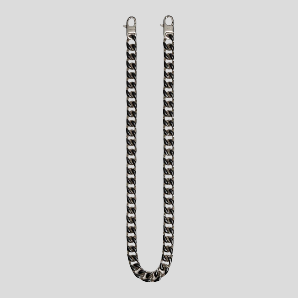 CLB XXIII Amiri silver wallet chain with black enamel fill detail and secure claw clasps, 25 inches long.