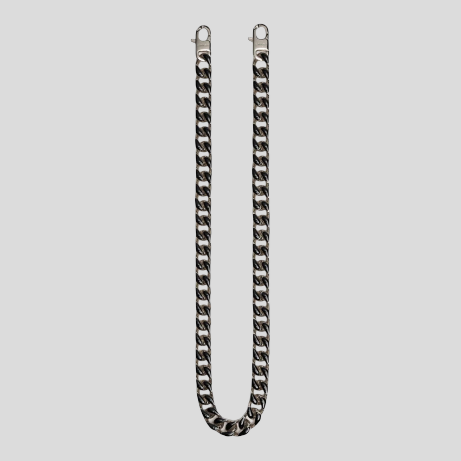 CLB XXIII Amiri silver wallet chain with black enamel fill detail and secure claw clasps, 25 inches long.