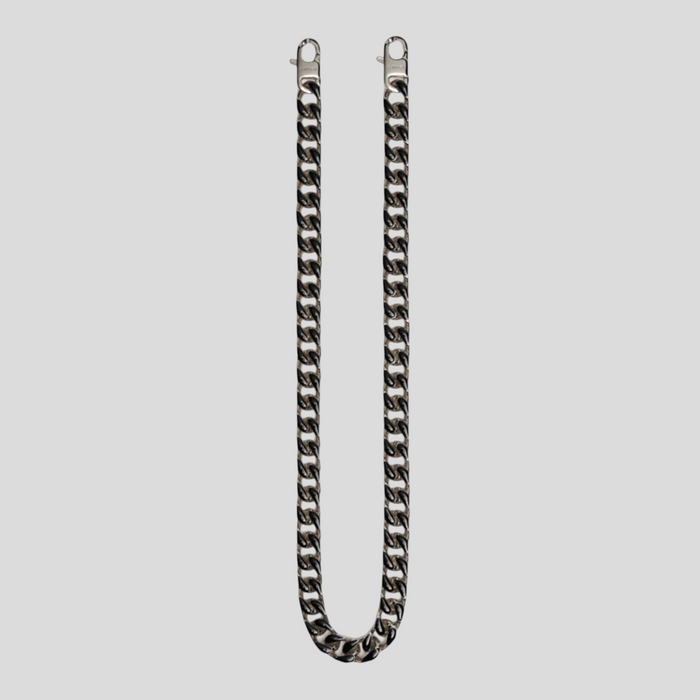 CLB XXIII Amiri silver wallet chain with black enamel fill detail and secure claw clasps, 25 inches long.