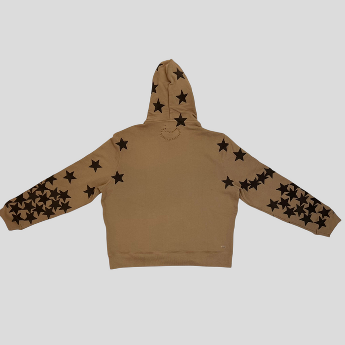CLB XXIII Amiri Chemist tobacco brown cotton hoodie featuring black star patterns on sleeves and hood, back view