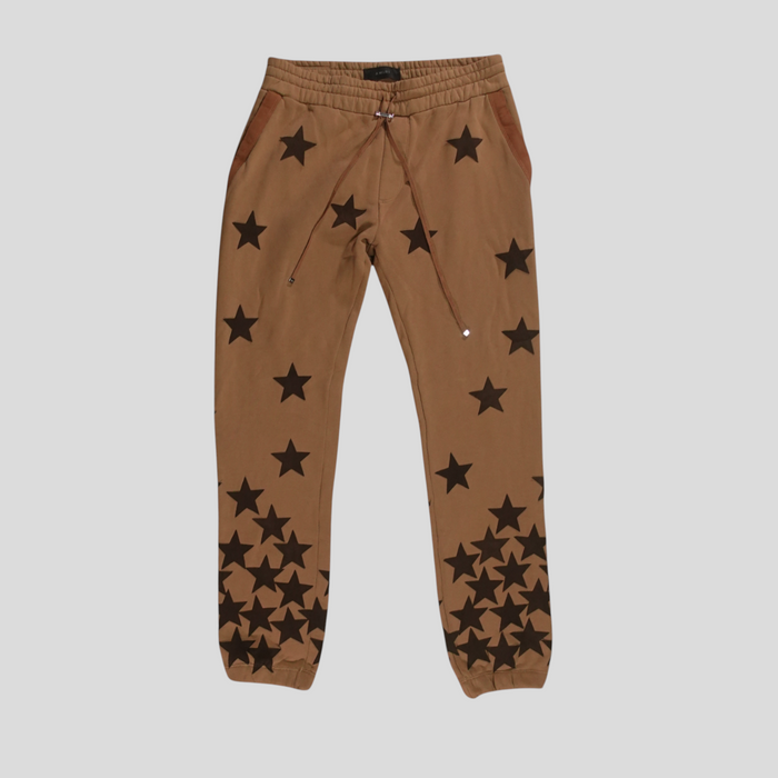 CLB XXIII Amiri Chemist tobacco brown cotton sweatpants with dark brown star pattern and drawstring waist