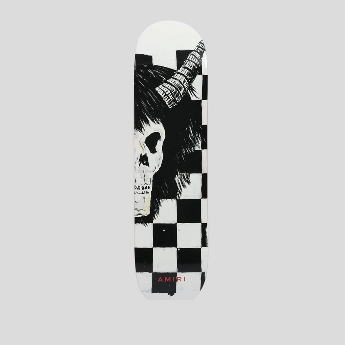 CLB XXIII Amiri x Wes Lang Altered Sacrifice limited edition skateboard deck with black and white skull graphic