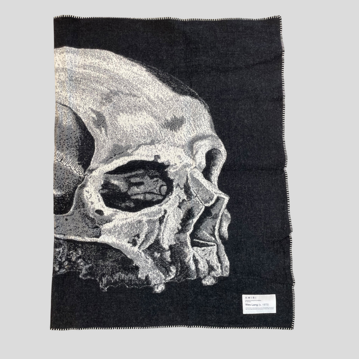 CLB XXIII Amiri X Wes Lang black wool fantasy blanket featuring a large white skull graphic and designer label patch.