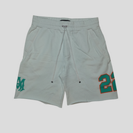 CLB XXIII Amiri white cotton oversized football shorts with green and orange 22 graphic and logo