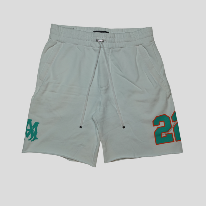CLB XXIII Amiri white cotton oversized football shorts with green and orange 22 graphic and logo