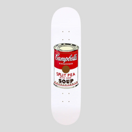 CLB XXIII Andy Warhol white Canadian maple skate deck featuring a Campbell's Split Pea with Ham soup can graphic.