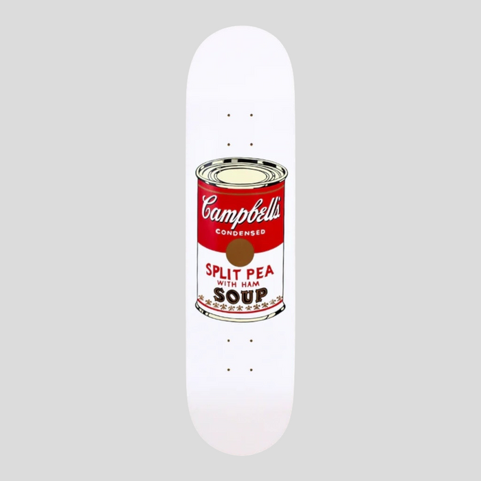 CLB XXIII Andy Warhol white Canadian maple skate deck featuring a Campbell's Split Pea with Ham soup can graphic.