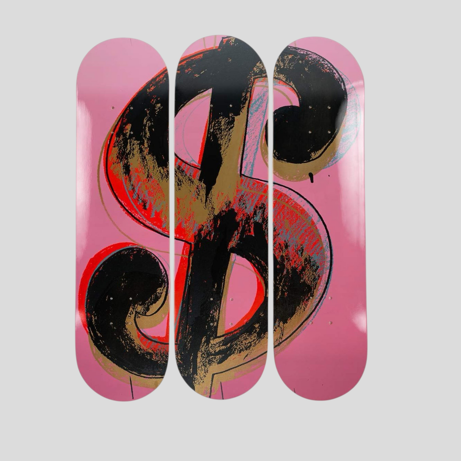CLB XXIII Andy Warhol pink dollar sign skate deck set of three featuring bold black and red brushstroke graphics