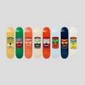 CLB XXIII Andy Warhol Campbell's Soup skate deck collection featuring eight colorful pop art designs on wooden boards.