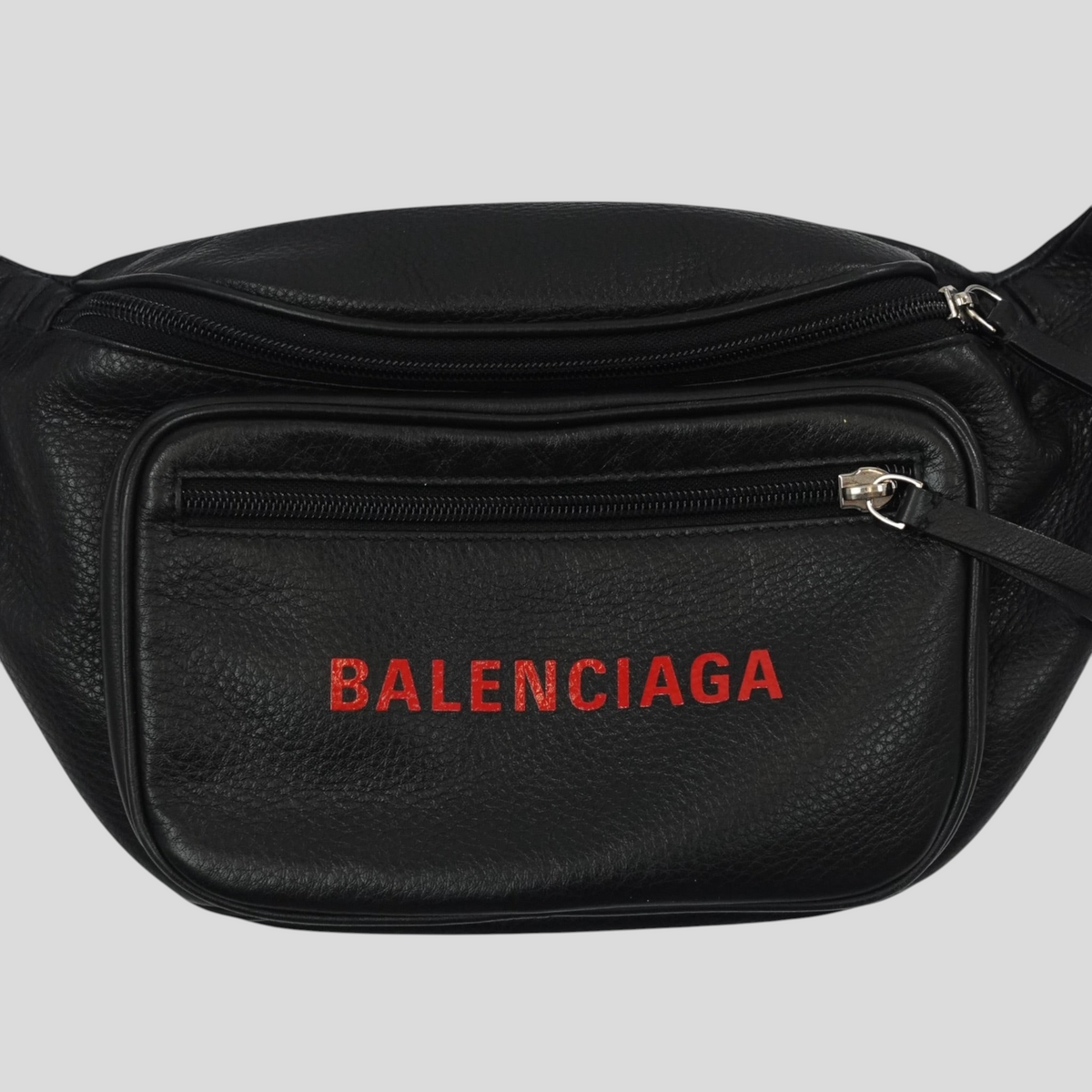 CLB XXIII Balenciaga black leather waist bag with red logo print and front zip pocket