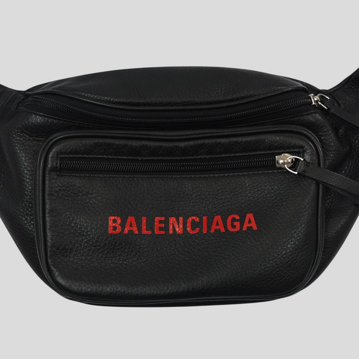 CLB XXIII Balenciaga black leather waist bag with red logo print and front zip pocket