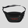 CLB XXIII Balenciaga black leather waist bag with red logo embroidery and adjustable strap