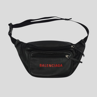 CLB XXIII Balenciaga black leather waist bag with red logo embroidery and adjustable strap