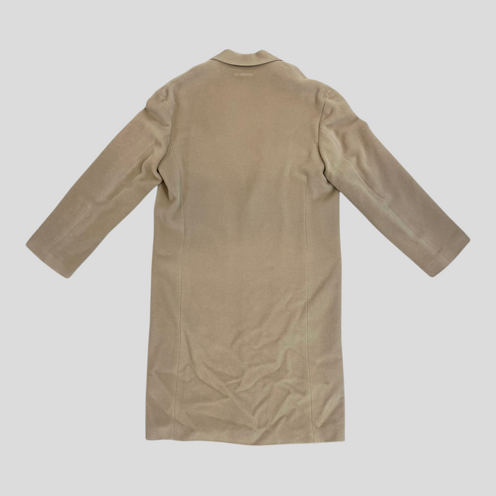 CLB XXIII Balenciaga oversized camel coat in brushed wool and alpaca blend, back view showing tailored collar.