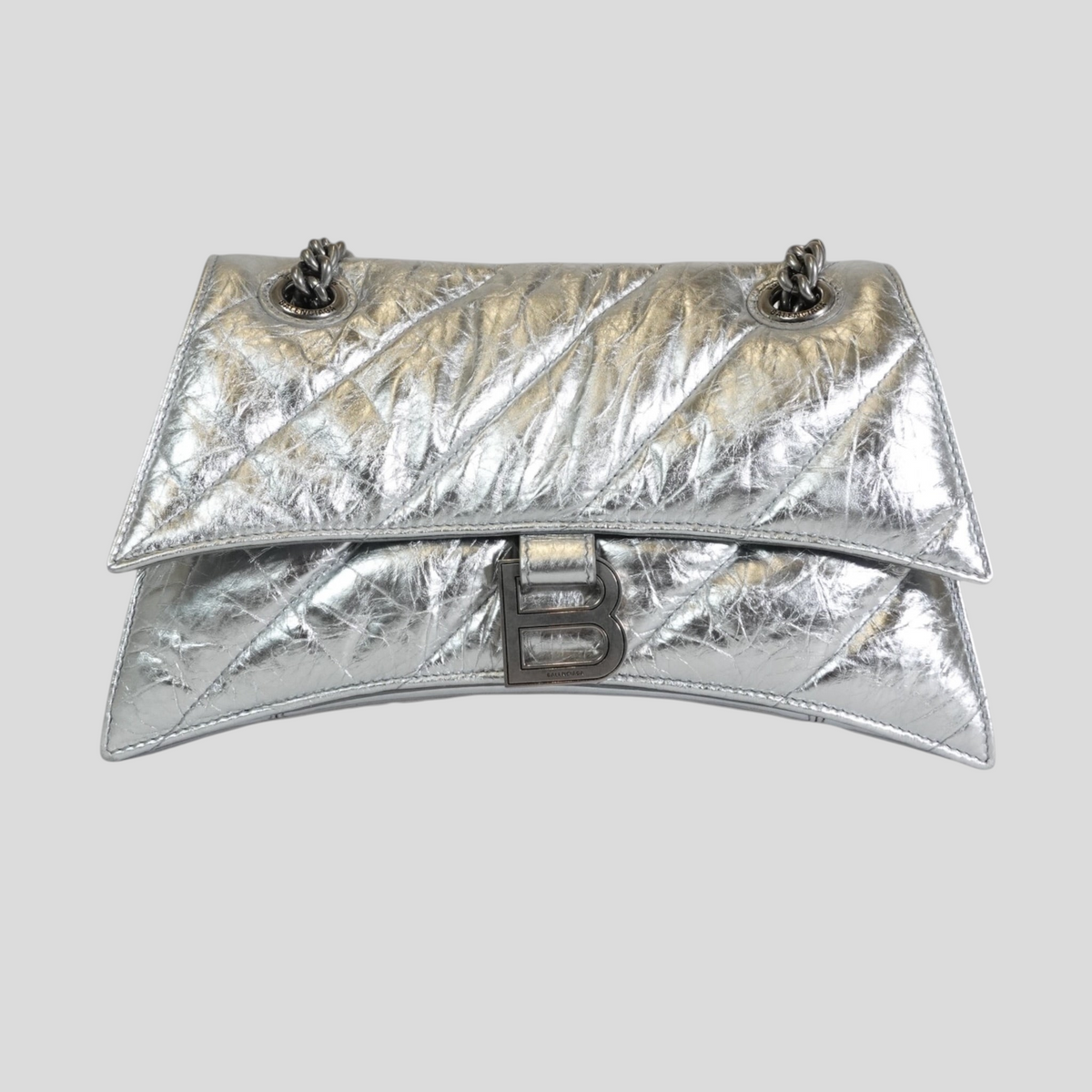 CLB XXIII Balenciaga Crush small chain bag in metallic silver crinkled leather with signature B logo hardware
