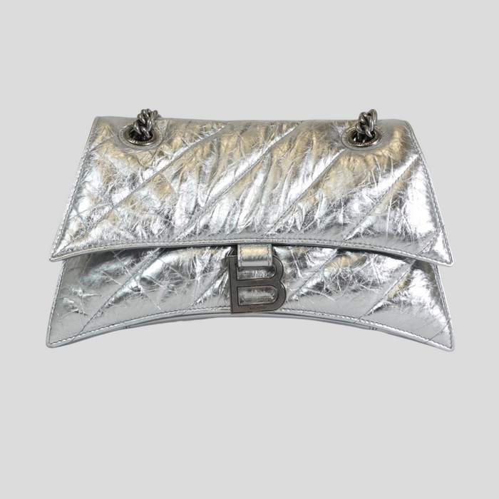 CLB XXIII Balenciaga Crush small chain bag in metallic silver crinkled leather with signature B logo hardware