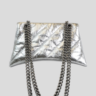 CLB XXIII Balenciaga Crush small chain bag in metallic silver crinkled leather with a curved base and chain strap.