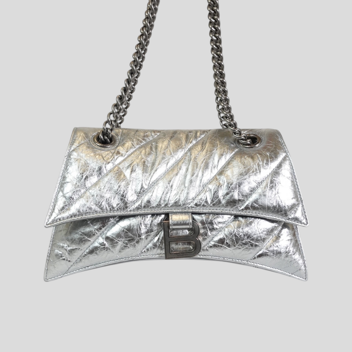 CLB XXIII Balenciaga Crush small chain bag in metallic silver crinkled leather with a signature B logo hardware