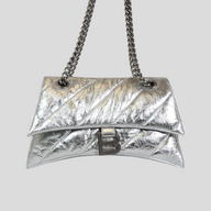 CLB XXIII Balenciaga Crush small chain bag in metallic silver crinkled leather with a signature B logo hardware