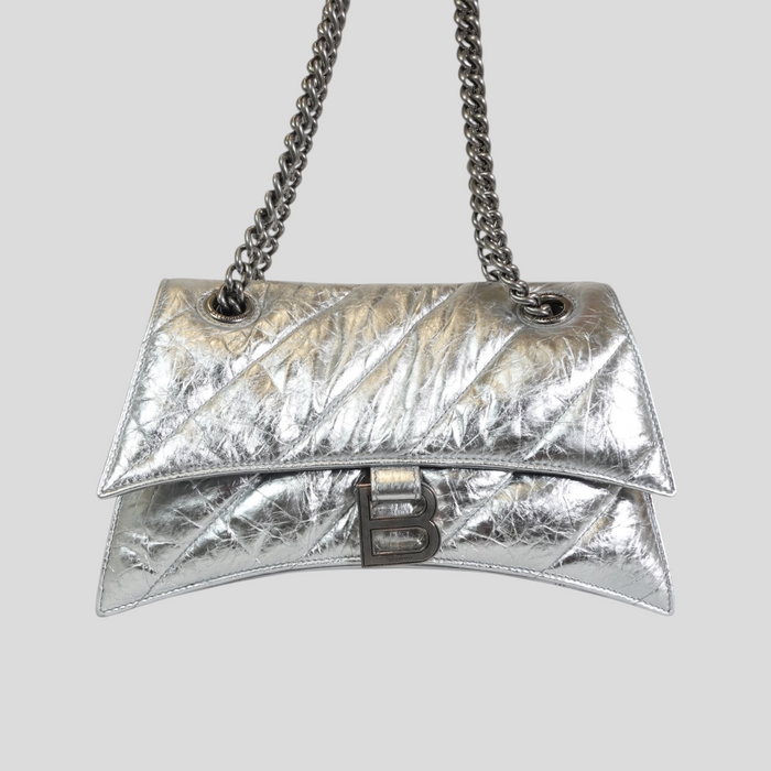 CLB XXIII Balenciaga Crush small chain bag in metallic silver crinkled leather with a signature B logo hardware