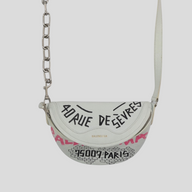 CLB XXIII Balenciaga XS white leather souvenir belt bag with black and pink graffiti print and silver chain strap